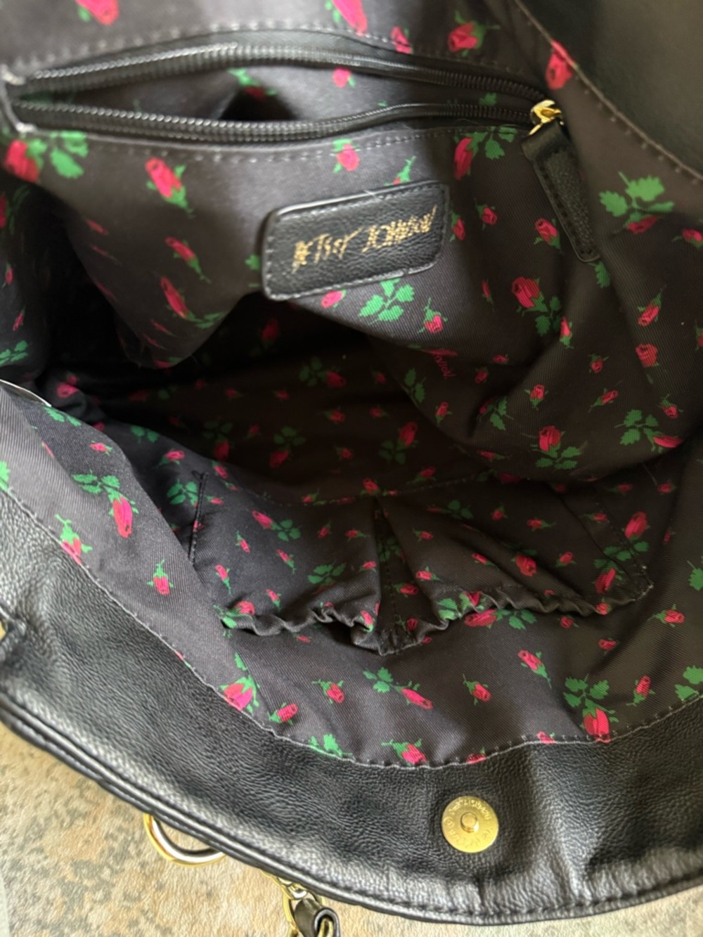 Betsey Johnson Black Tie Affair Quilted Tote - Gold Stud Details, Floral Lining - Picture 5 of 11